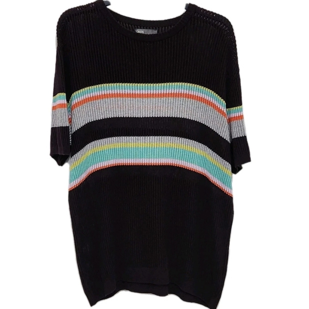 Asos Mens M Loose Knit Short Sleeve Purple Striped Sweater Lightweight Retro